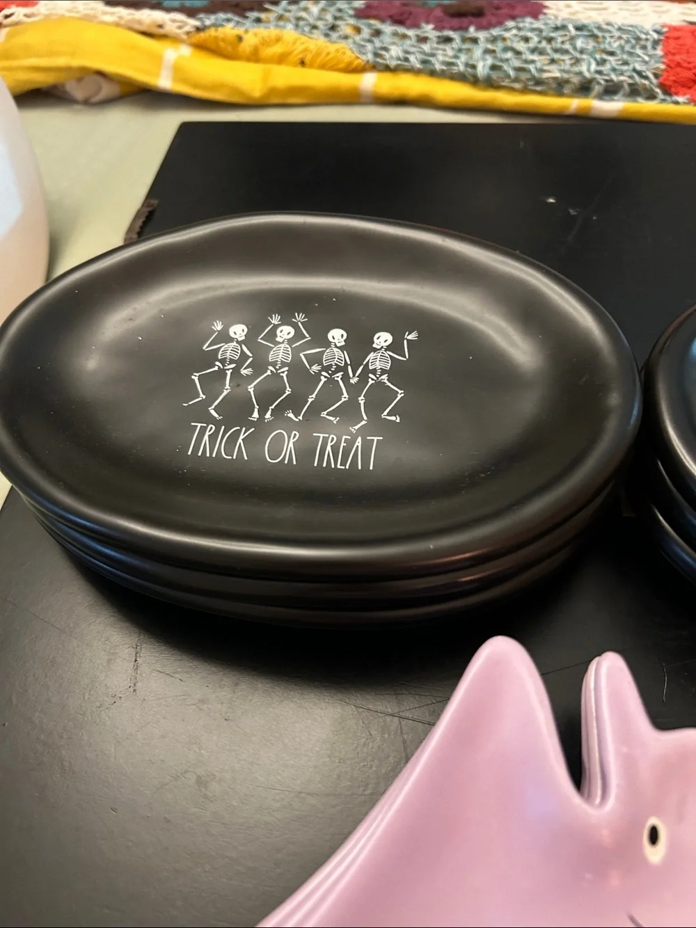 Rae Dunn Pink Bat Soon Rest or candy Holders with 6 Black Halloween Snack Plates